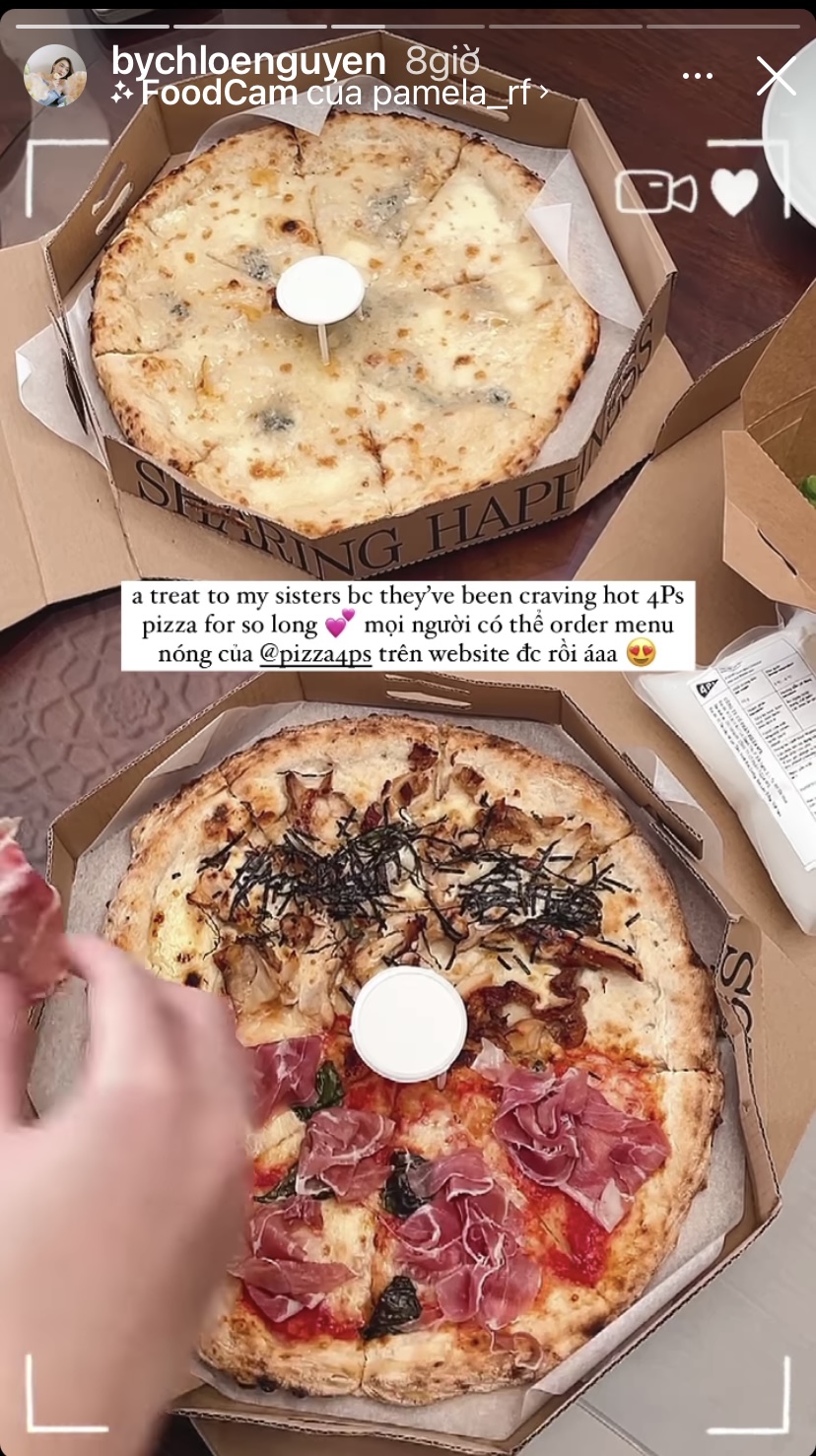 Beauty blogger Chloe Nguyễn khoe những chiếc bánh pizza nóng hổi mà cô mới nhanh tay order được.