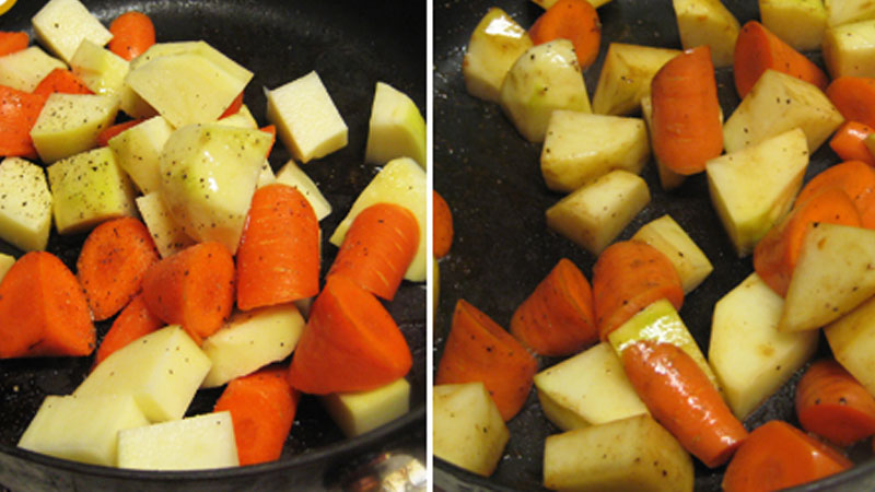 Xào khoai tây và cà rốt với gia vị để thêm đậm đà.