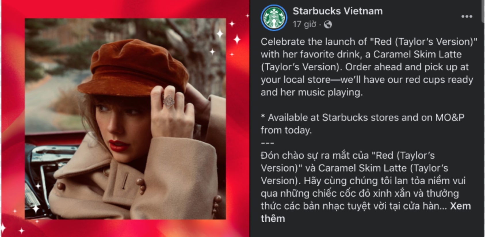 Dòng thông báo của Starbucks Việt Nam khiến nhiều Swifties đứng ngồi không yên. Ảnh: Starbucks Việt Nam.