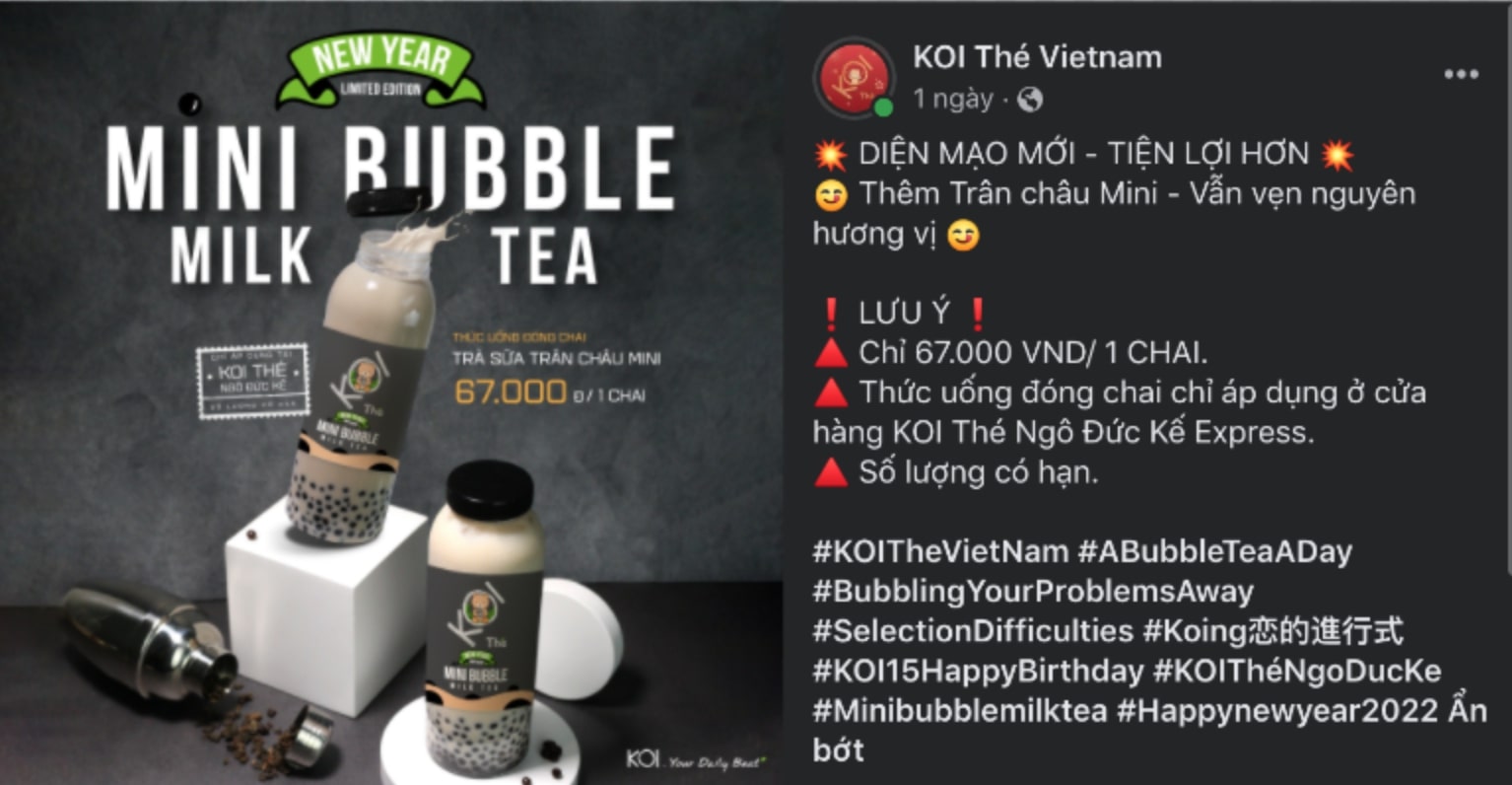 Hình ảnh chai trà sữa trân châu mini được KOI Thé chia sẻ trên fanpage của mình.