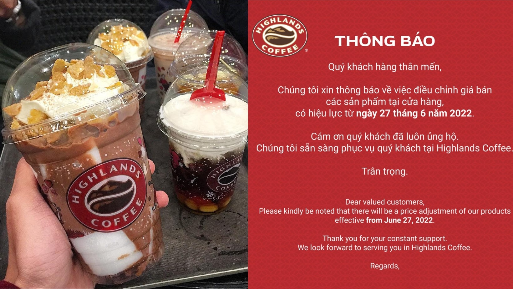 Highlands Coffee tăng giá đồ uống từ 6 đến 10 ngàn mỗi loại toàn bộ menu