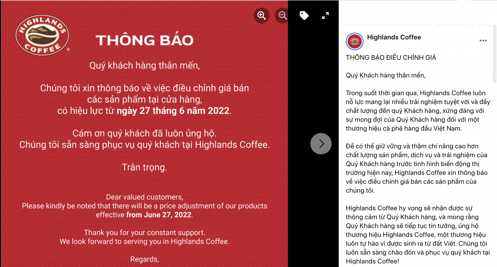 Highlands Coffee thông báo điều chỉnh giá menu đồ uống từ 6 đến 10 ngàn mỗi loại - Ảnh 1