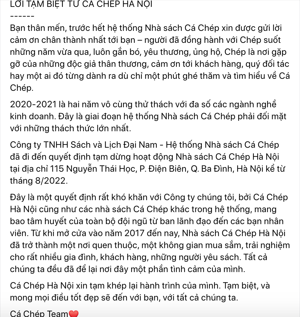 Sau Starbucks Lan Viên, Nhà sách Cá Chép đưa ra thông báo ngừng hoạt động cửa hàng tại Hà Nội. - Ảnh 3