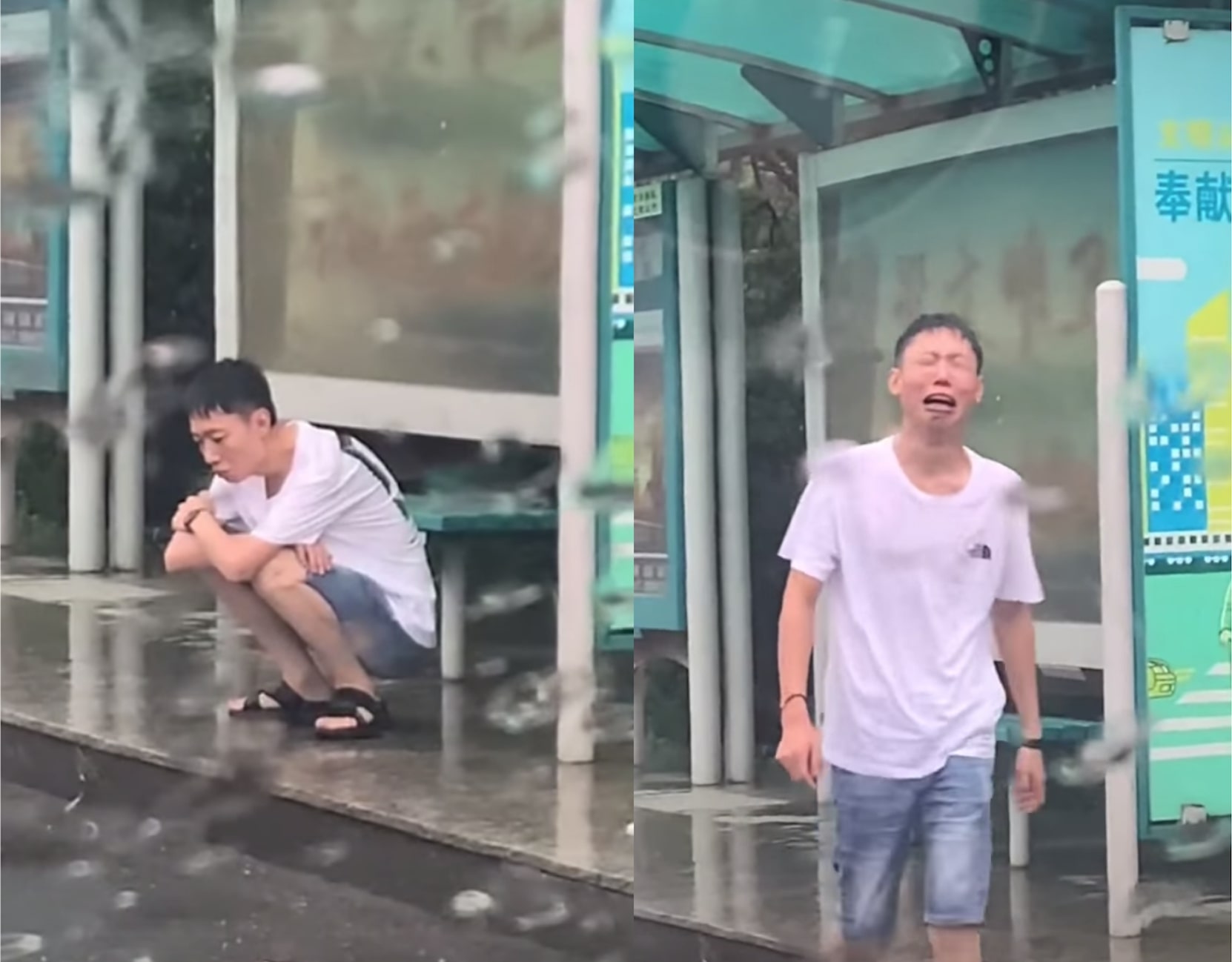 Chờ đợi cả tiếng trong mưa, người đàn ông bật khóc khi thấy vợ đến đón