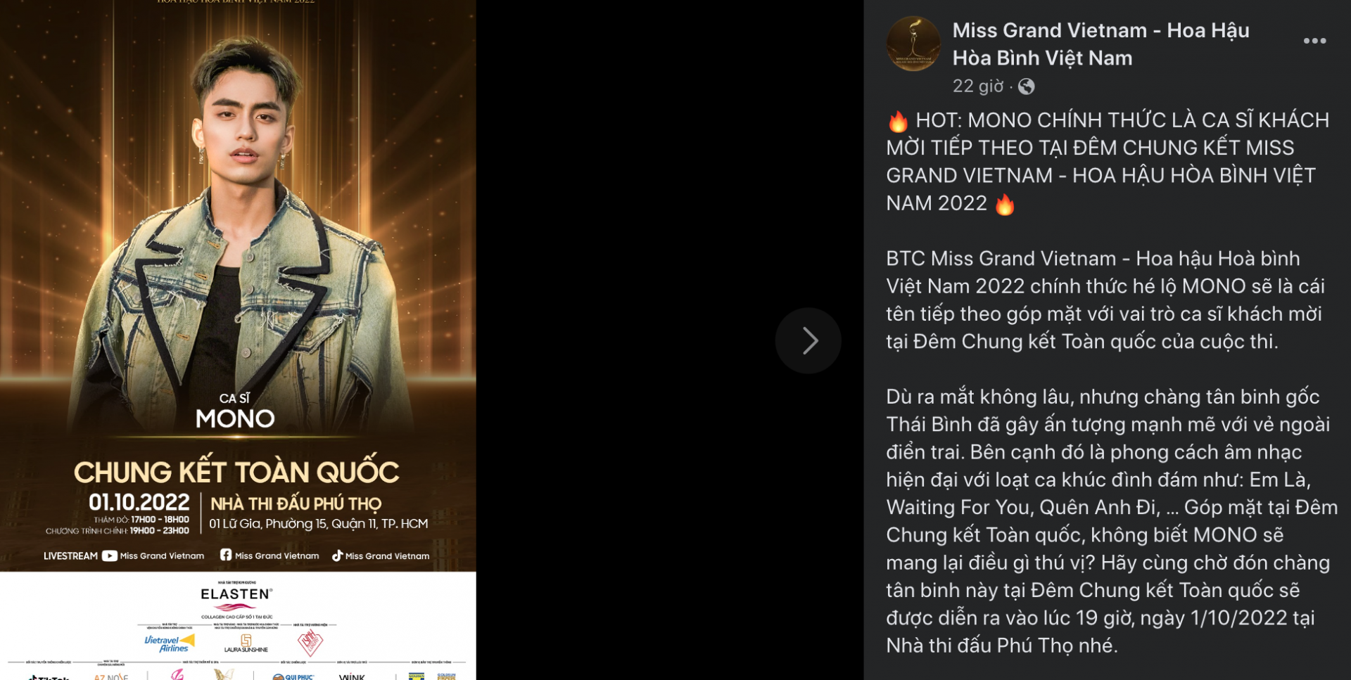 MONO trở thành ca sĩ khách mời của đêm chung kết Miss Grand Vietnam 2022 - Ảnh 1