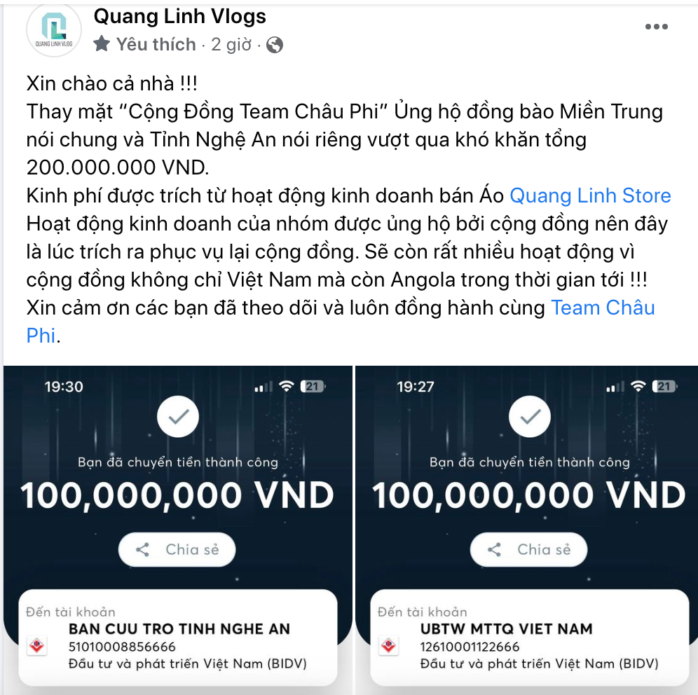 Quang Linh Vlogs ủng hộ đồng bào miền Trung 200 triệu đồng từ hoạt động kinh doanh cá nhân - Ảnh 1