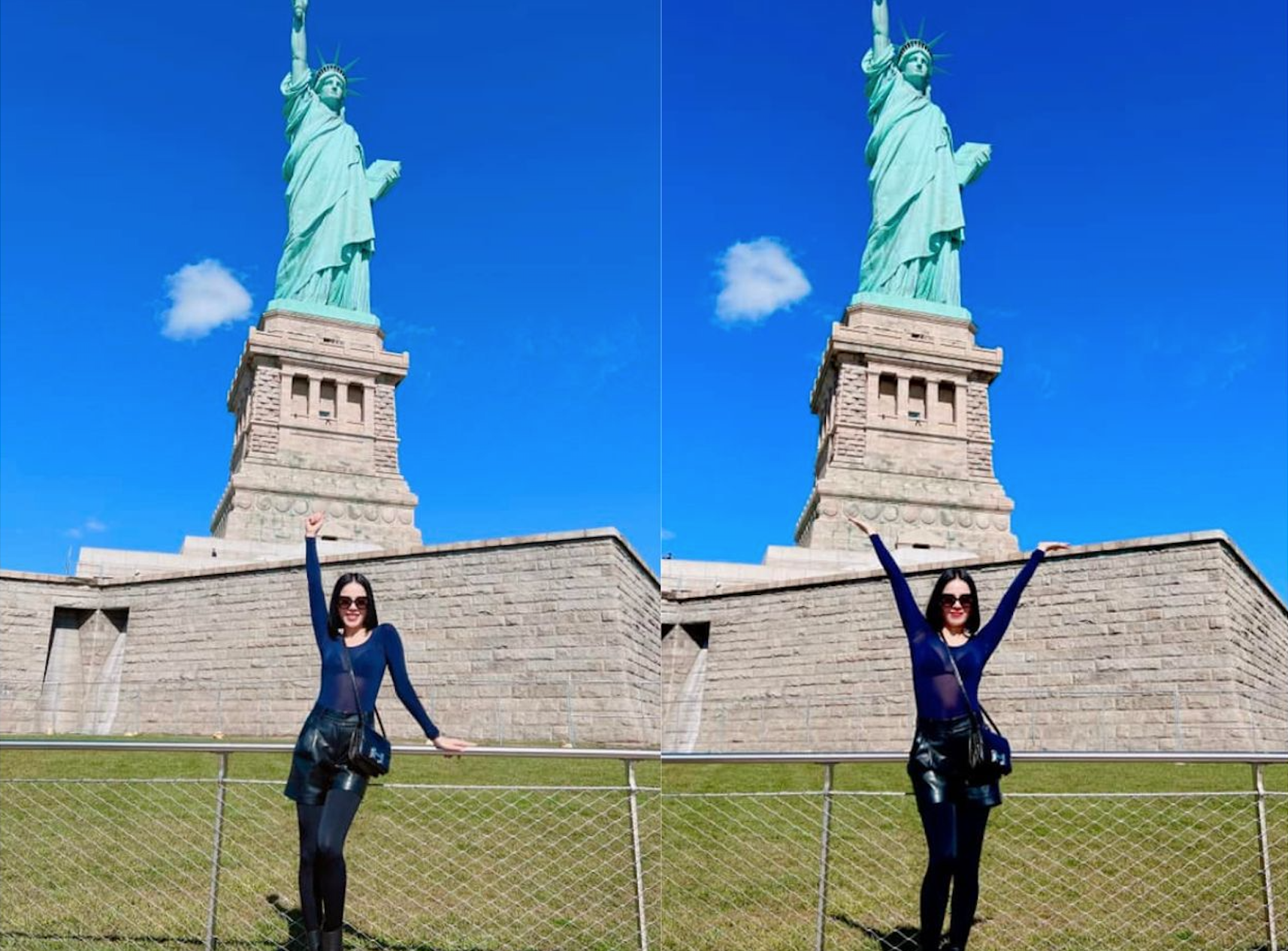 Lệ Quyên diện áo xuyên thấu, nhún nhảy phấn khích khi đến check-in tượng nữ thần tự do