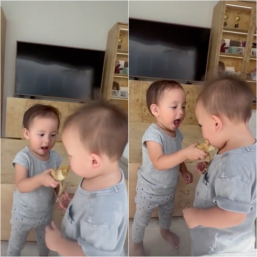 Lisa ra dáng chị gái “nhà người ta”, vừa đút cho Leon ăn vừa ôm em đầy âu yếm - Ảnh 1