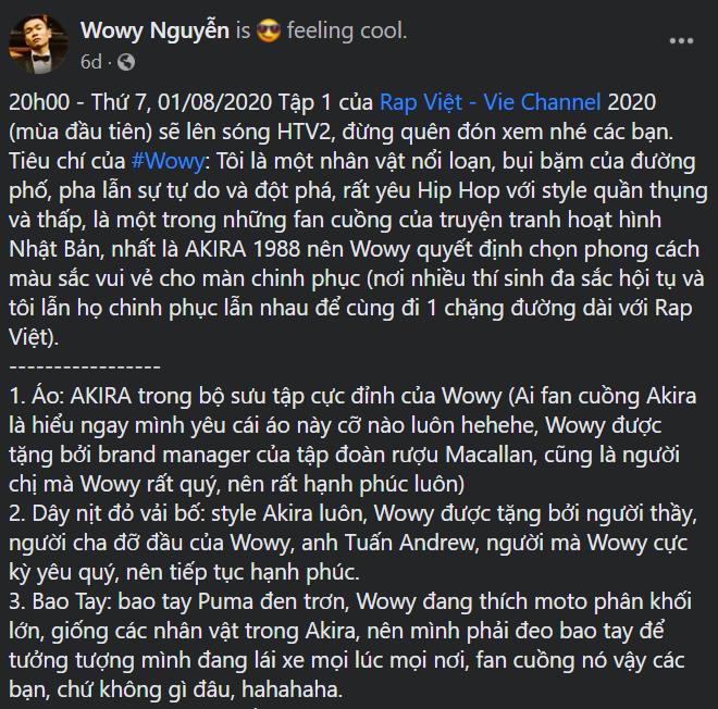 Wowy chia sẻ chi tiết về set đồ anh diện trong chương trình Rap Việt 2020