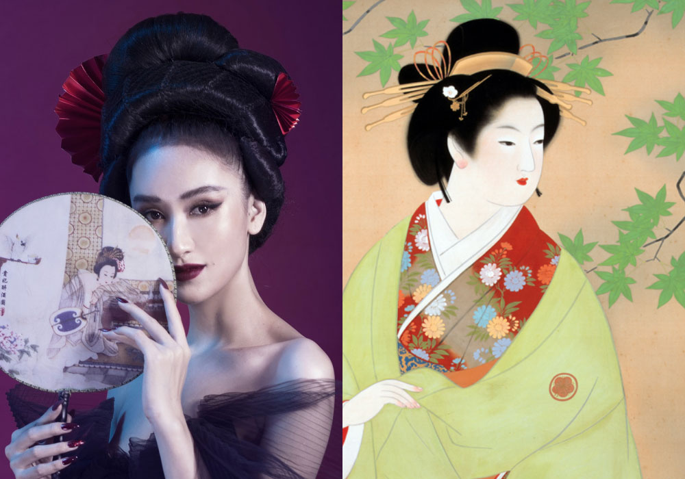 Á hậu Hà Thu cực cuốn hút với kiểu tóc vấn cao nhiều cuộn tròn to, tóc cài trâm vương giả được lấy cảm hứng từ kiểu tóc Hyogo của các nàng Geisha thời kì Edo ở nước Nhật