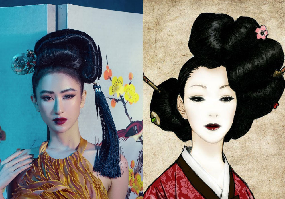 Á hậu Hà Thu gây xao xuyến với kiểu tóc vấn cao bất đối xứng, tóc cài trâm với tua rua yêu kiều được lấy cảm hứng từ các nàng kĩ nữ Hàn Quốc thời kỳ Joseon
