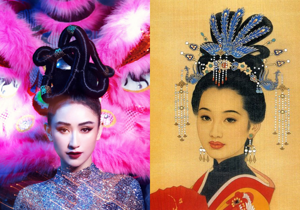 Á hậu Hà Thu có tạo hình độc đáo với kiểu tóc nhiều lọn xoắn cao mang hơi hướng quý tộc thời nhà Đường, Trung Quốc