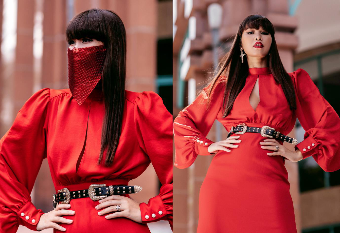 Siêu mẫu Hà Anh thần thái ngút ngàn trong outfit màu đỏ nổi bần bật cùng mái tóc dài thẳng suôn mượt, mái bằng đơn giản.