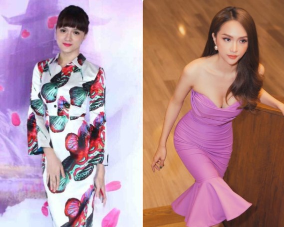 Bên trái là tấm ảnh Hương Giang của quá khứ với trang phục như 'bà thím' và bên phải là nàng hậu kiêu sa với thiết kế hở tinh tế cùng sắc tím 'trendy'.