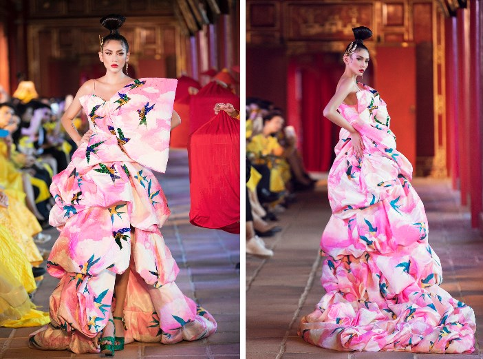 Siêu mẫu Võ Hoàng Yến tái hiện màn đá váy huyền thoại tại show diễn “Vàng Son - A Better Day' diễn ra ở Trường Lang.
