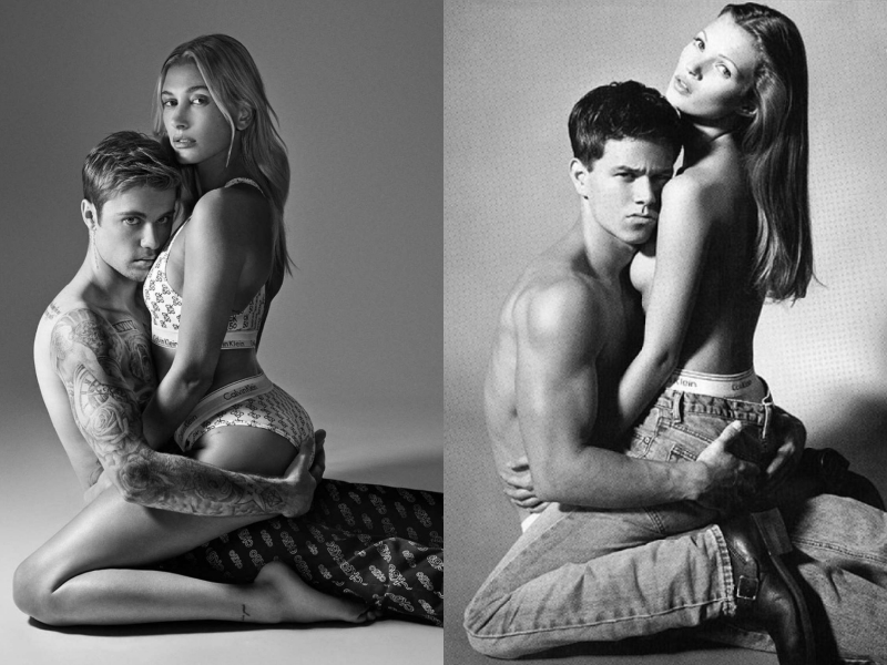 Justin Bieber và Hailey Bieber tái hiện hình ảnh Mark Wahlberg và siêu mẫu Kate Moss chụp cho CK từng xôn xao một thời. 