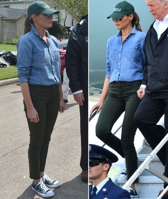 Trong một lần khác, bà Melania chọn một đôi converse màu xanh rêu đi kèm với chiếc quần đồng màu và kết nối tổng thể lại bộ trang phục bằng chiếc mũ lưỡi trai màu xanh. Một hình ảnh trẻ trung năng động của phu nhân tổng thống Mỹ
