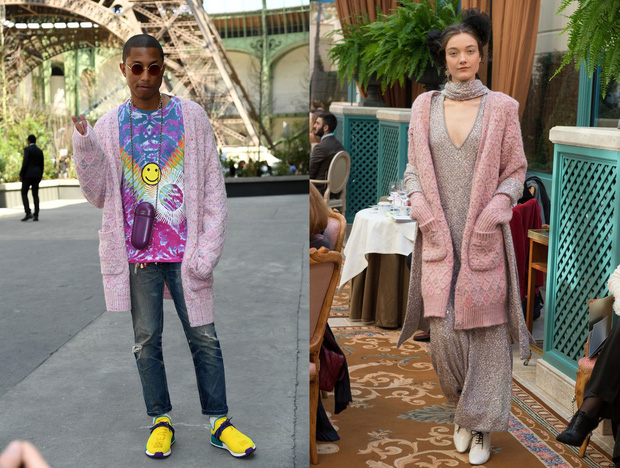 Ở trời Tây, ca sĩ Pharrell Williams cũng là một gương mặt cực kỳ thích diện đồ nữ. Trong một lần dự show Chanel 2017, anh chàng đã diện một chiếc cardigan màu hồng trong BST của hãng.