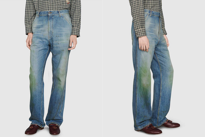 Gucci chưa bao giờ làm công chúng hết thắc mắc. Trước chiếc váy cam bánh bèo, hãng tung ra một mẫu quần jeans mài gấu màu xanh lá cây không khác gì bị mốc. Chiếc quần bán với giá 776 USD.