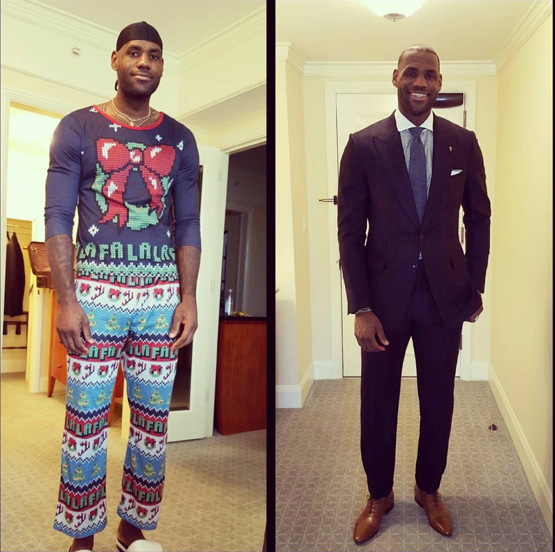 Công chúng mừng rằng, Giáng sinh chỉ xảy ra 1 lần/năm để cầu thủ bầu bóng rổ LeBron James chỉ có thể hủy hoại thời trang một lần duy nhất. Anh chỉ nên mặc đồ thể thao hoặc đóng bộ như ảnh phải mà thôi