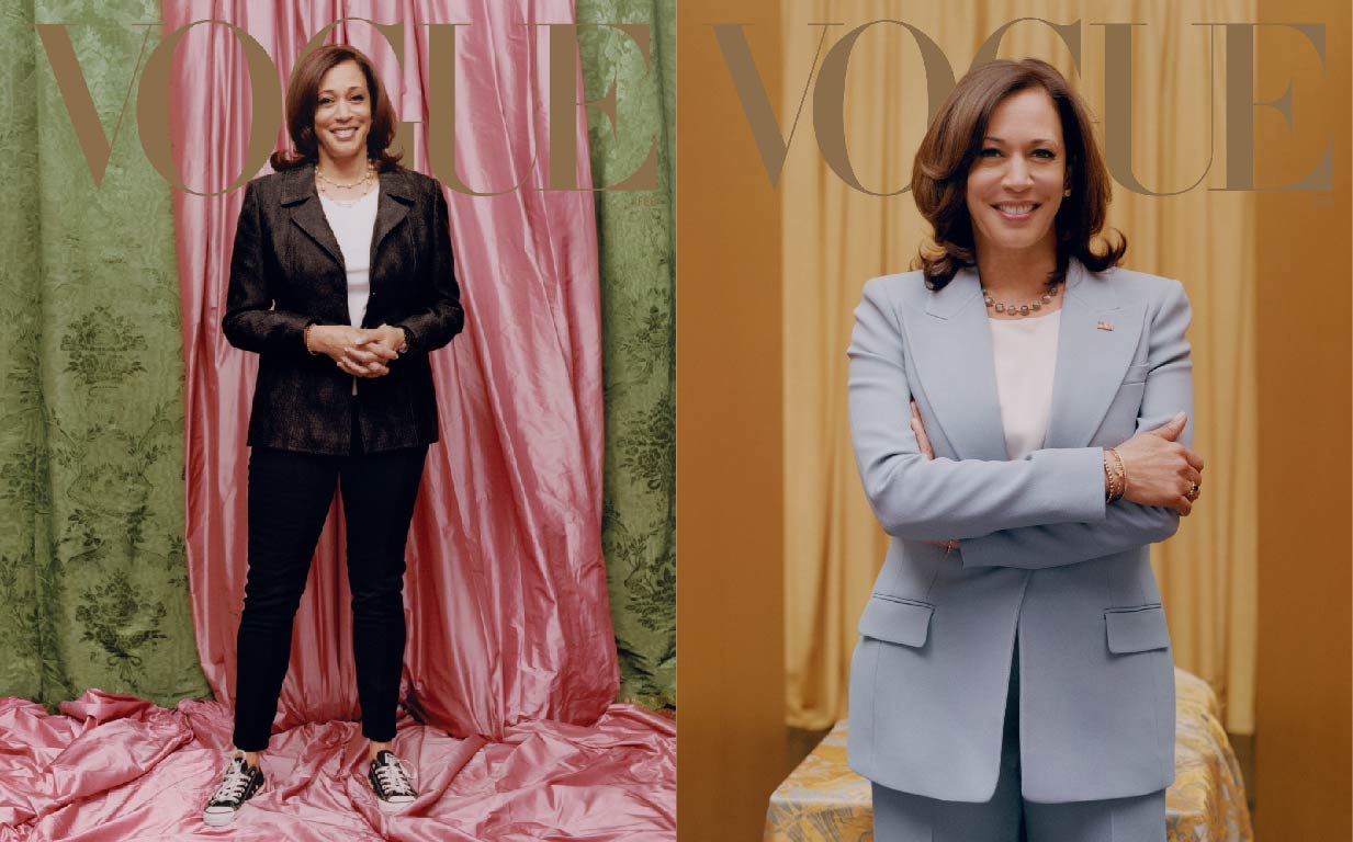 Giữa tâm bão bạo loạn, Vogue tung ra hai ảnh bìa của bà Kamala như một đòn xoa dịu dư luận. Phông nên xanh và hồng của ảnh bên trái được cho là để nhớ về nơi bắt đầu sự nghiệp chính trị của bà, Hội nữ sinh Mỹ gốc Phi sĩ tại Đại học Howard, Alpha Kappa Alpha.