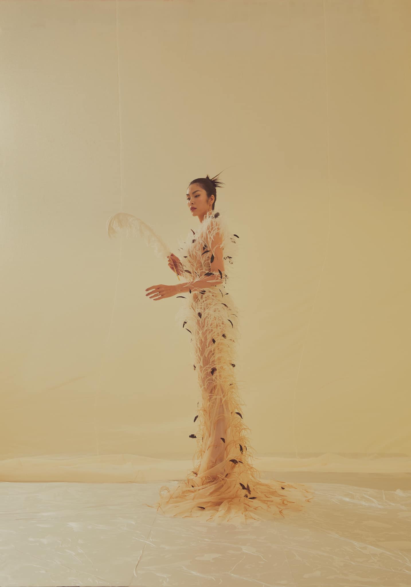 Cô chọn 3 thiết váy đến từ nhà mốt Lê Thanh Hòa. Chiếc váy được đánh giá cao nhất là thiết kế trong suốt xẻ tà, trang trí bằng lông vũ