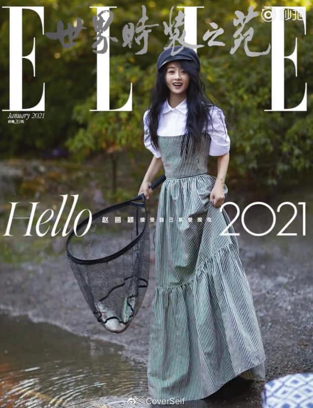 Triệu Lệ Dĩnh diện một cây Dior làm cô bắt cá bên sông trên tạp chí Elle Trung Quốc tháng 1