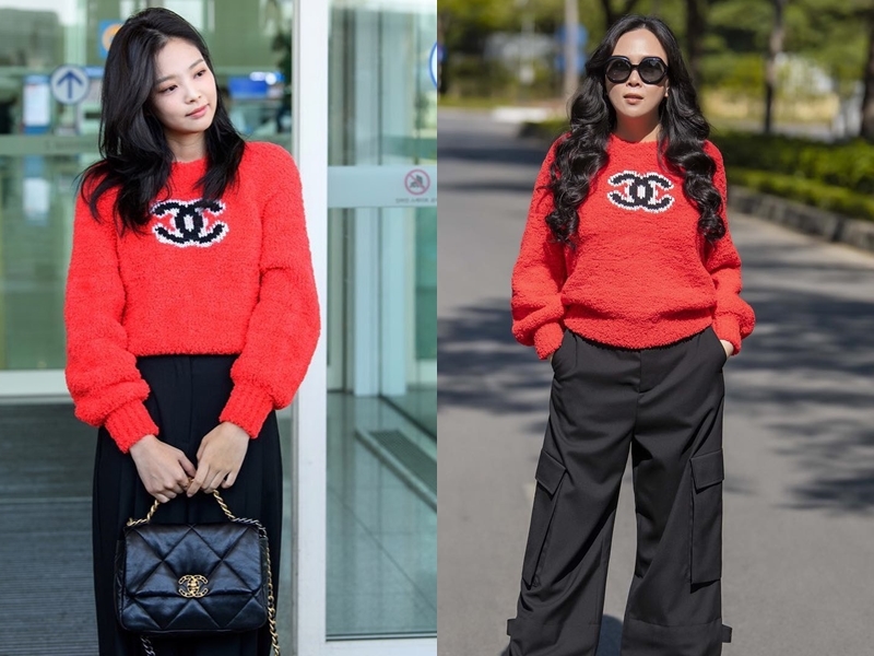 Cả hai cùng đụng nhau mẫu áo len đỏ của Chanel có giá 52 triệu động. Nếu như Jennie được khen ngợi với cách phối đồ đơn giản thì Phượng Chanel bị 'trừ điểm' vì chiếc quần nuốt dáng. Chiếc quần cargo mang hơi hướng đường phố đối lập với sự tinh tế của chiếc áo len.
