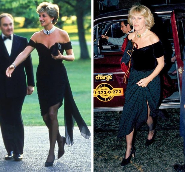 'Chiếc váy trả thù' mà Công nương Diana mặc tại bữa tiệc mùa hè của Vanity Fair đã trở thành một biểu tượng thời trang. Sau này, bà Camila cũng tái tạo một bộ cánh tương tự dù có vẻ như sự gợi cảm của chiếc váy này không còn phù hợp với tuổi tác của bà.