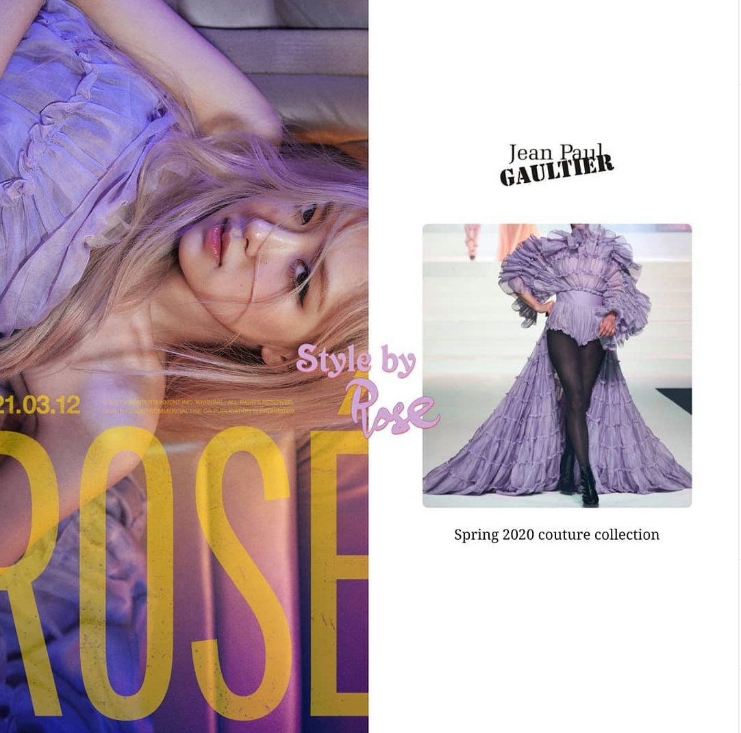 Rosé mặc một chiếc váy Haute Couture Xuân 2020 của Jean Paul Gaultier. Stylist của Rosé đã khéo léo 'cắt gọt' phần tay áo bồng xòe để nữ ca sĩ khoe khéo được đôi vai trần. Bộ trang phục này có giá khoảng 2,74 tỷ đồng
