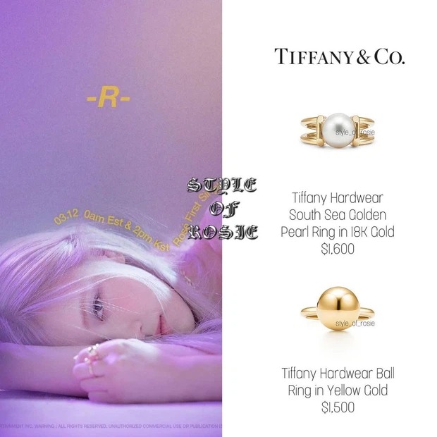 Trong poster ra mắt MV solo, Rosé cũng đeo bộ nhẫn của Tiffany & Co. Tổng giá trị hai chiếc nhẫn có giá 71 triệu đồng. Các BLINKS tin rằng không sớm thì muộn, Rosé cũng sẽ trở thành nàng thơ mới của thương hiệu trang sức Tiffany & Co.
