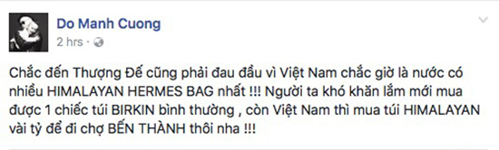 NTK Đỗ Mạnh Cường việc một chiếc status xéo xắt về việc các ngôi sao nữ thi nhau dùng túi Hermès Birkin.