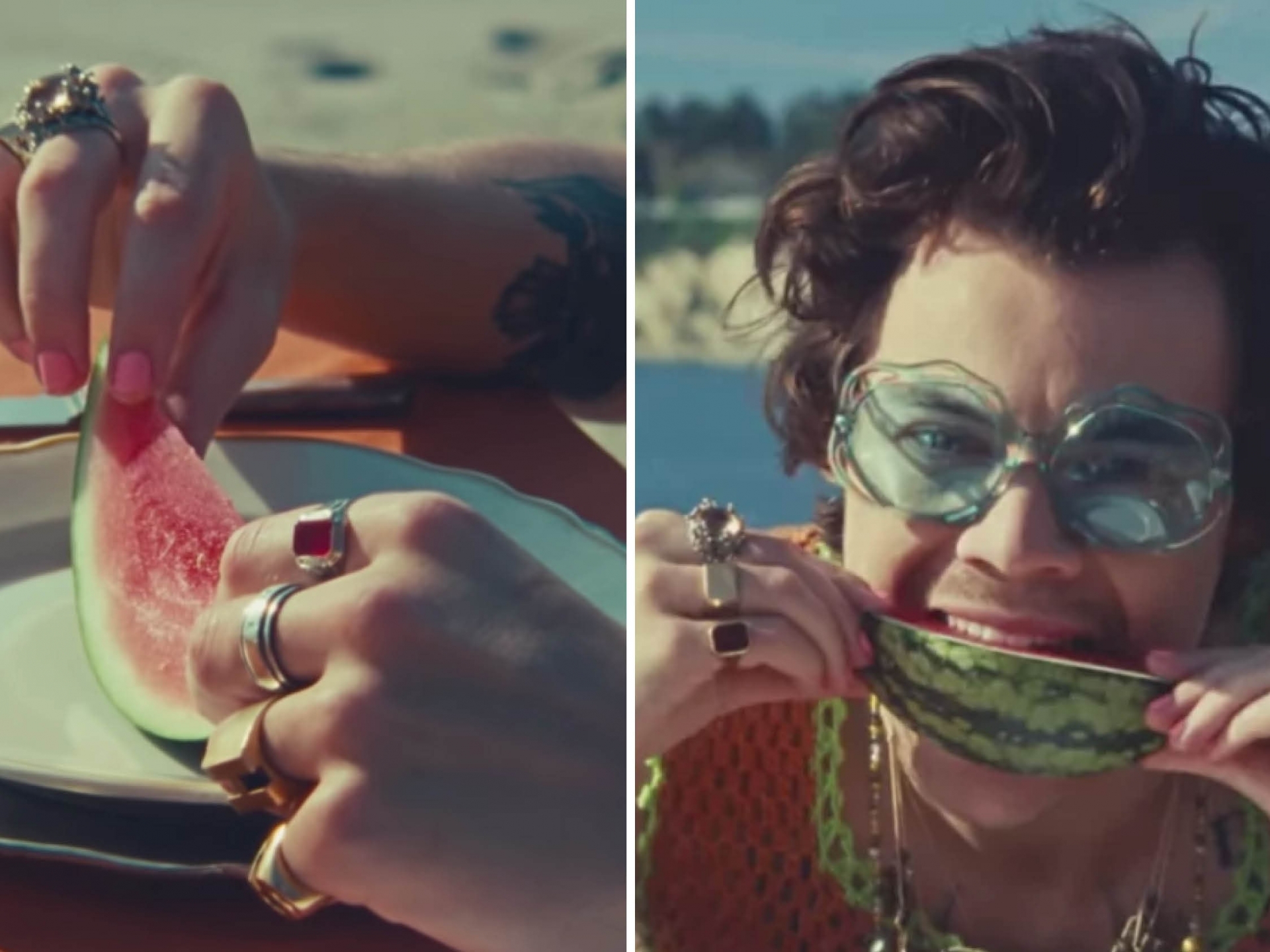 Trong MV Watermelon Sugar, Harry Styles sơn móng tay hồng cánh sen mộng mơ lãng mạn. Hồng cánh sen lên môi có thể không chấp nhận được nhưng sơn móng tay thì cũng rất gì và này nọ, nhất là trong bối cảnh xanh đỏ của MV.