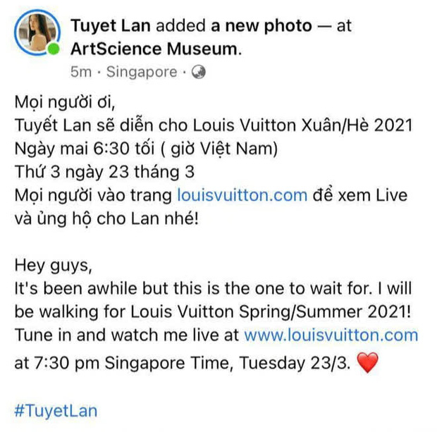 Tuyết Lan chia sẻ trên trang cá nhân của mình kêu gọi fan ủng hộ cô qua livestream của Louis Vuitton