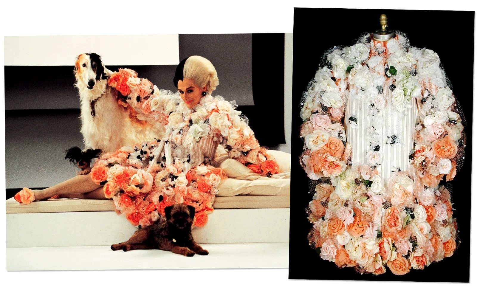 Chiếc coatdress bằng vải organza, còn hoa hồng làm bằng lụa.