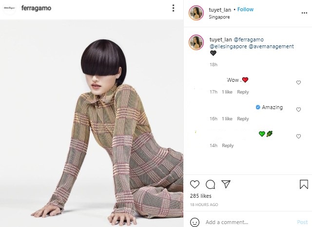 Tuyết Lan chia sẻ hình ảnh của mình được đăng tải trên Instagram của nhãn hàng Salvatore Ferragamo. Hình ảnh này cũng sẽ xuất hiện trên tạp chí Elle Singapore