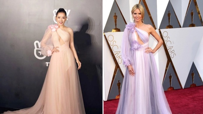Nhìn qua tưởng hai chiếc váy này đến từ cùng một nhà mốt nhưng thực ra không phải như vậy. Chiếc váy gốc được Heidi Klum diện trên thảm đỏ lễ trao giải Oscar 2016 đến từ thương hiệu Marchesa. Chiếc váy của Chi Pu đến từ NTK Lê Thanh Hòa.