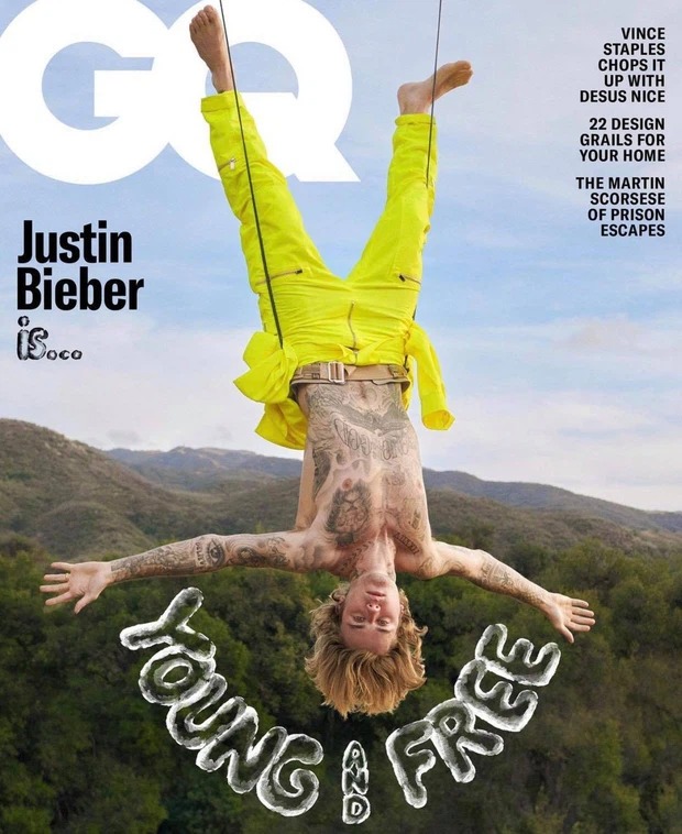 Justin Bieber trở thành gương mặt trang bìa GQ số tháng 5. Anh chàng còn bất chấp hy sinh khi treo ngược cành cây hy sinh vì nghệ thuật