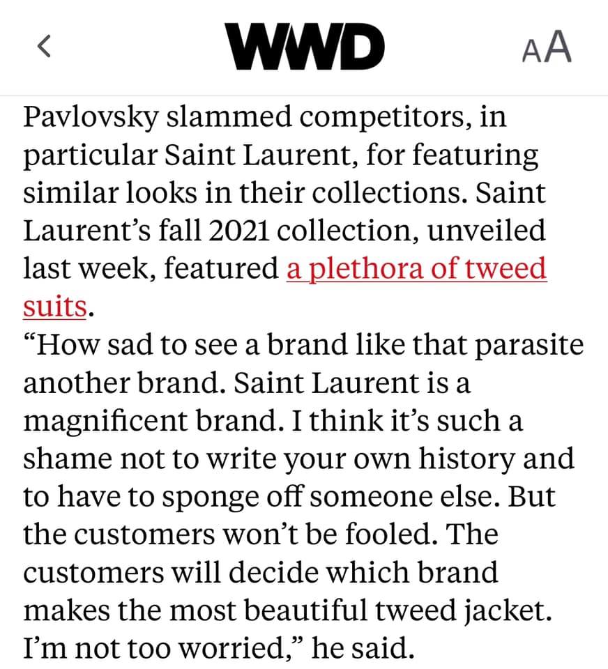 Cho đến khi chủ tịch Chanel đăng đàn 'dằn mặt' Saint Laurent là 'đồ ký sinh' khi đạo nhái thiết kế của vài tweed Chanel.