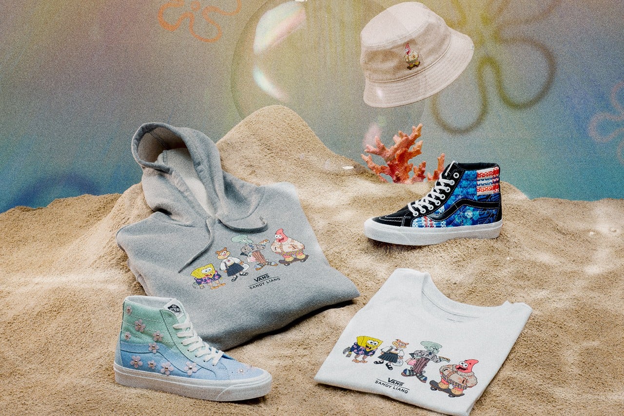 Vans đã cho ra mắt BST gồm 2 mẫu sneakers cao cổ, 1 chiếc bucket hat, một chiếc áo hoodie và một chiếc áo phông đều in hình những nhân vật hoạt hình của phim Spongebob Squarepants