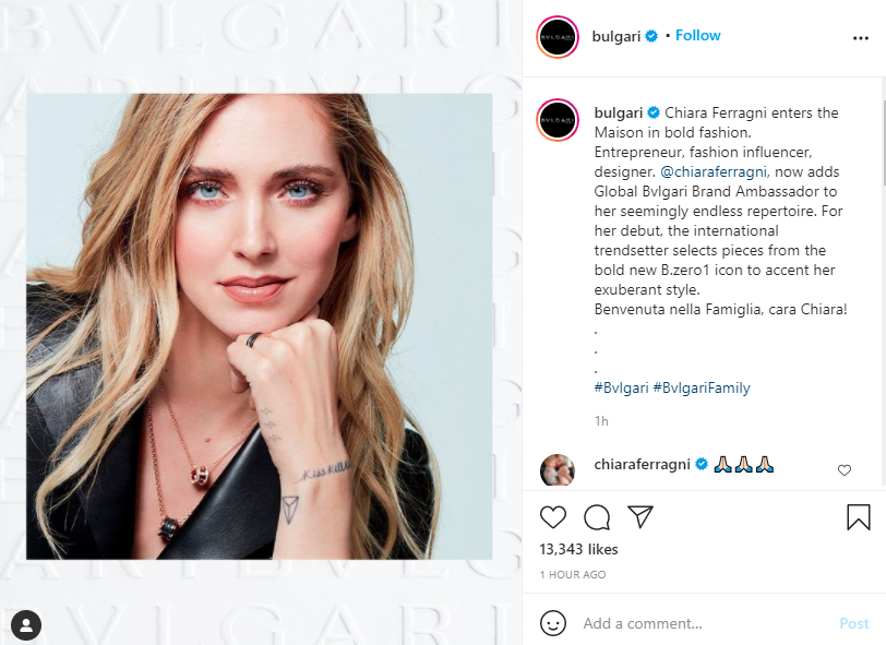 Bulgari vừa chính thức thông báo bổ nhiệm blogger thời trang Chiara Ferrragni trở thành đại sứ toàn cầu của hãng. Cô là người thứ hai nắm giữ vị trí này sau ca sĩ Lisa BLACKPINK