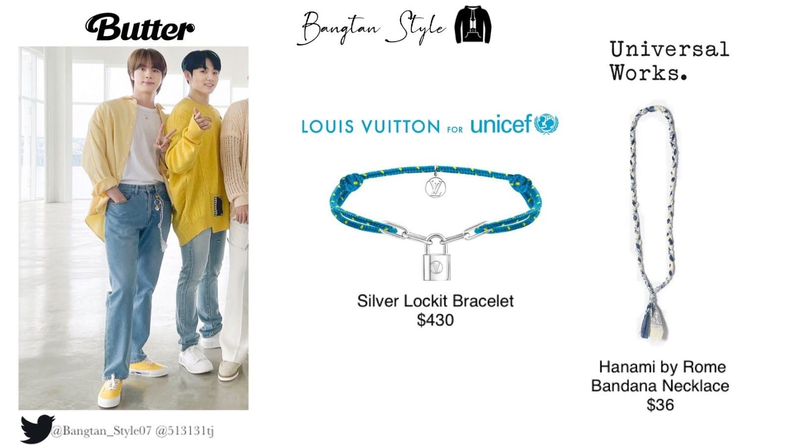 Anh đeo thêm vòng cổ Louis Vuitton for Unicef Silver Locket Bracelet 430 USD (9,9 triệu đồng) và vòng cổ Universal Works Hanami by Rome Bandana Necklace 36 USD (828 nghìn đồng)