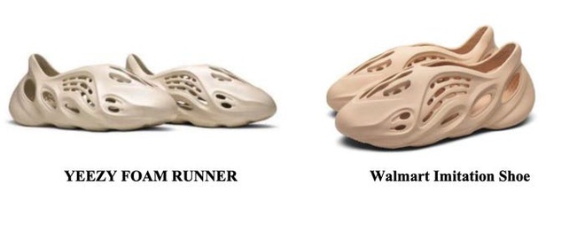 Bên trái là đôi Yeezy nguyên bản và bên phải là sản phẩm do Walmart bán.  Có thể thấy hai sản phẩm giống nhau đến 99%.