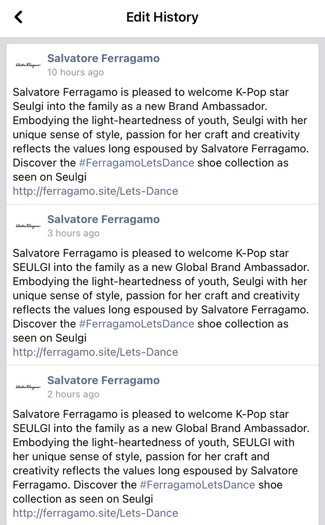 Lịch sử chỉnh sửa bài đăng Facebook của Salvatore Ferragamo cho thấy hãng đã thay đổi danh xưng của đại sứ của nữ ca sĩ Red Velvet rất nhiều lần.
