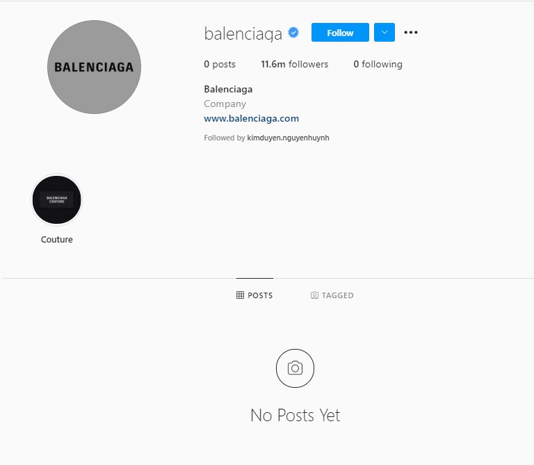 Toàn bộ nội dung trên Instagram của Balenciaga đã bị xóa sạch hoàn toàn vào ngày 3/7. Đây là động thái dọn đường của hãng để chuẩn bị cho BST Haute Couture vào 7/7.
