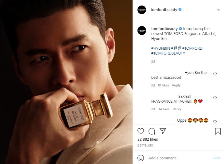 Tom Ford đã chia sẻ bài đăng công bố thông tin bổ nhiệm Hyun Bin trở thành đại sứ thương hiệu dòng nước hoa mới của hãng. Anh là đại sứ châu Á đầu tiên của nhà mốt này.
