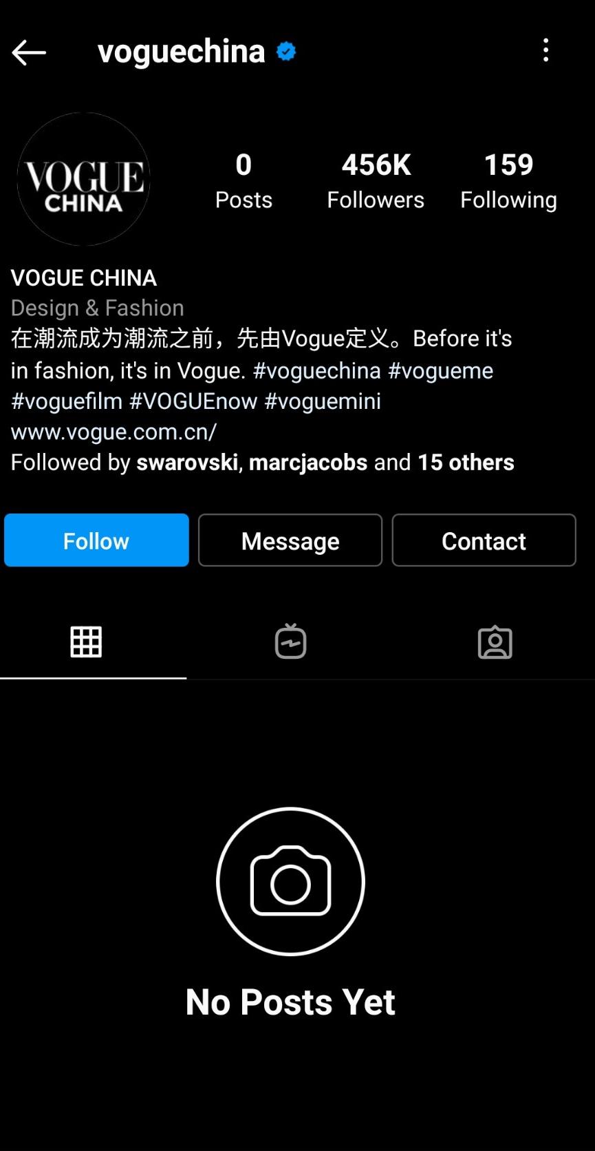 Vogue Trung Quốc đã xóa toàn bộ bài đăng trên Instagram chính thức của mình.