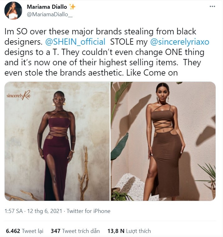 Một nhà thiết kế thời trang đã phải lên tiếng trên Twitter tố cáo thương hiệu Shein đạo nhái các mẫu thiết kế của cô.