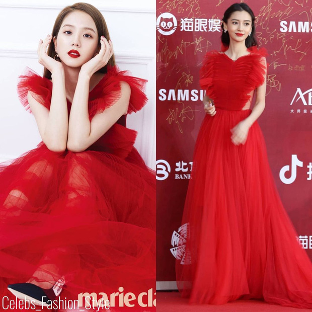 Jisoo và Angelababy đụng hàng một chiếc váy đỏ bồng bềnh của Dior. Màn đụng hàng này khó phân thắng bại vì hình ảnh của cả 2 đều quá xinh đẹp và tuyệt vời.