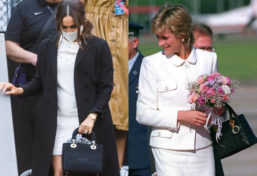 Cách phối đồ của Meghan gợi nhắc đến hình ảnh cố công nương Diana trước kia. Chiếc túi Lady Dior cũng là một chiếc túi yêu thích của bà.